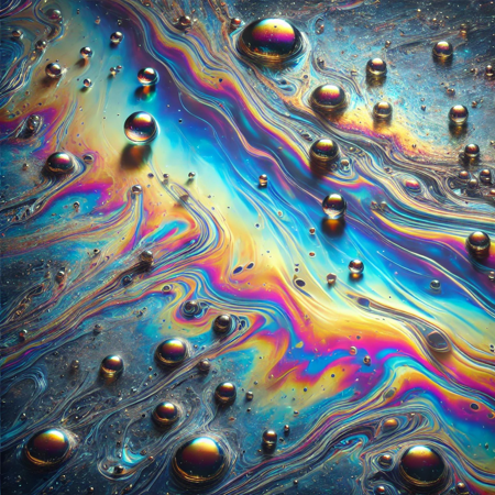 DALL·E 2024-07-23 03.35.59 - An oil slick on water displaying shifting hues and vibrant colors. The image should be realistic and visually captivating, showcasing the iridescent e.webp